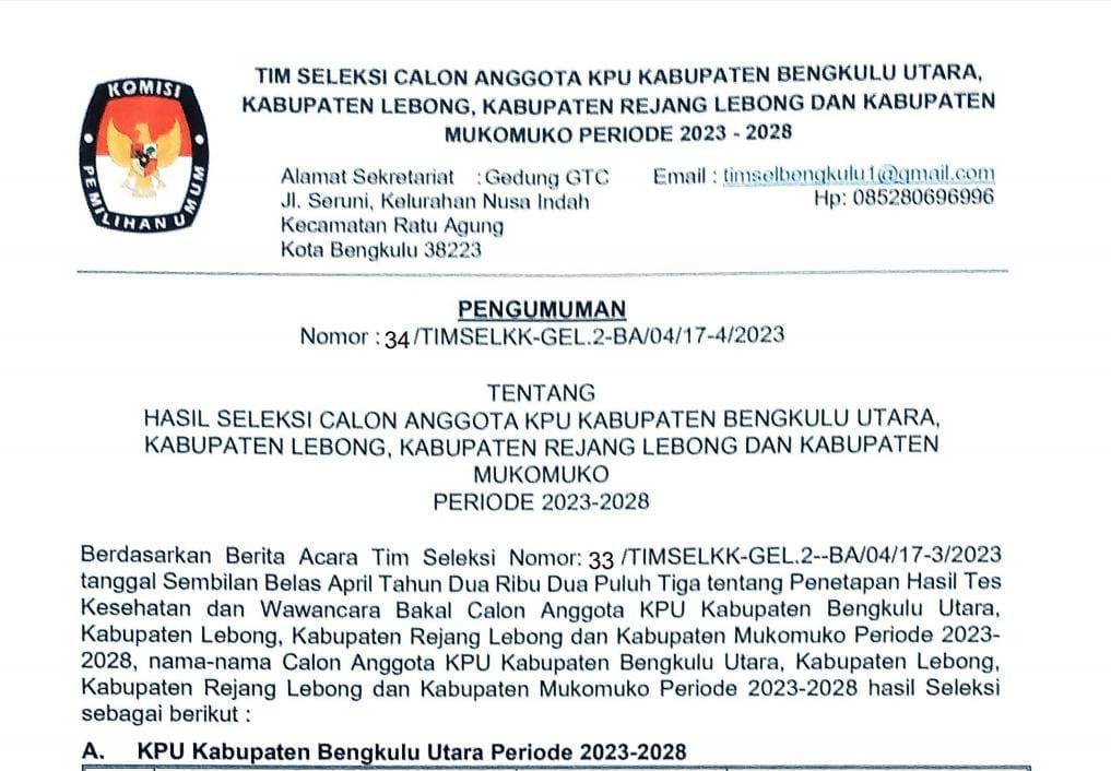 Ini Urutan Peringkat 10 Besar Calon Komisioner KPU Bengkulu Utara