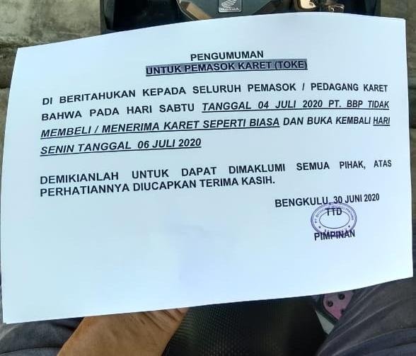 Lagi, PT BBP Tunda Pembelian Karet Petani