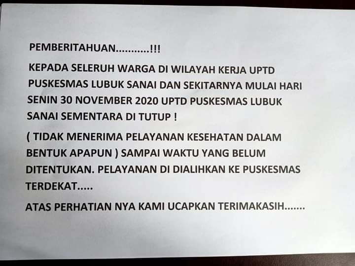 Cegah Penyebaran Covid, Puskesmas Lubuk Sanai Tutup