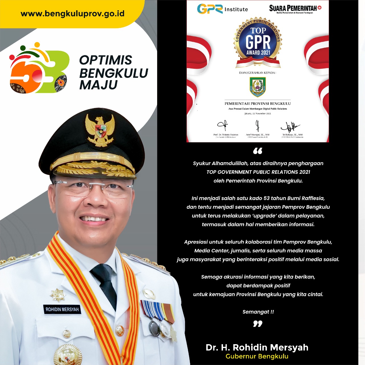 Pemprov Bengkulu Dianugerahi GPR Award