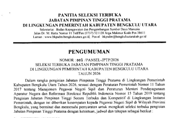 7 Kursi Kepala Dinas Pemkab Bengkulu Utara Dilelang