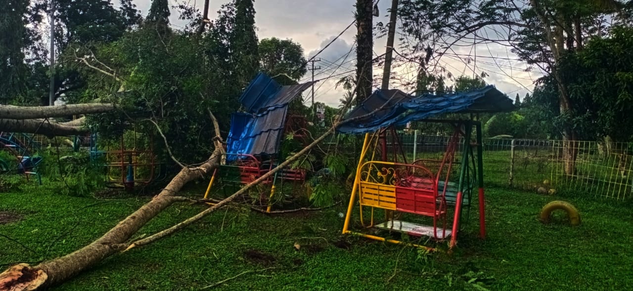 Angin Kencang Sebabkan Tiang Listrik dan Pohon di Koramil Arga Makmur Roboh