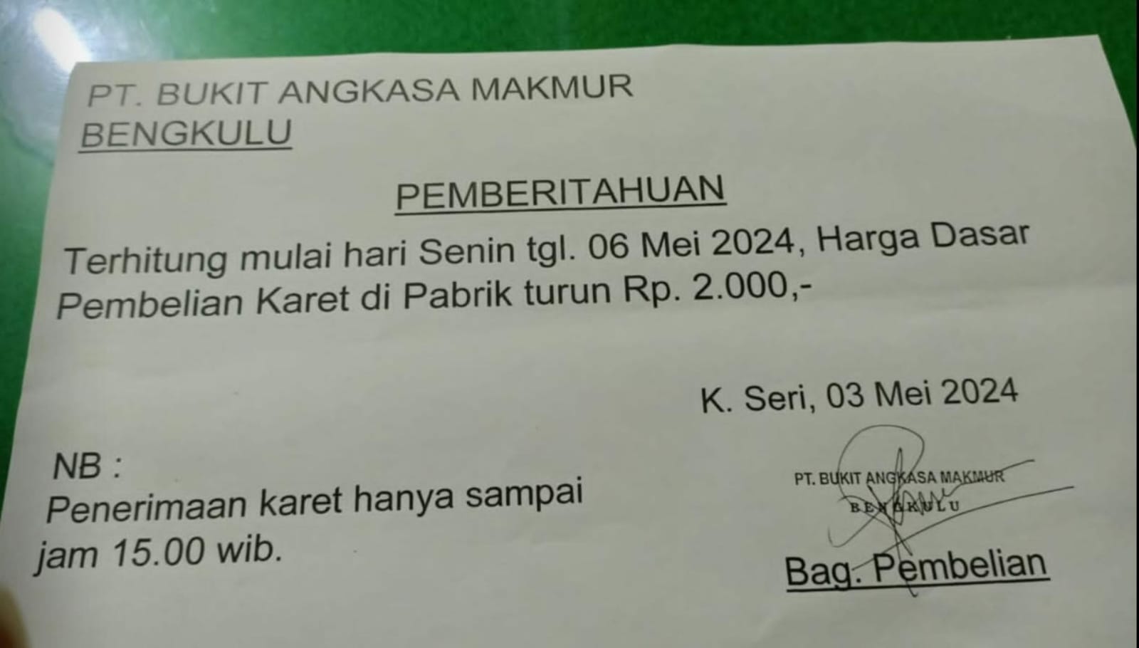 PT BAM Umumkan Harga Dasar Getah Karet Turun Rp2.000 per Kilogram 