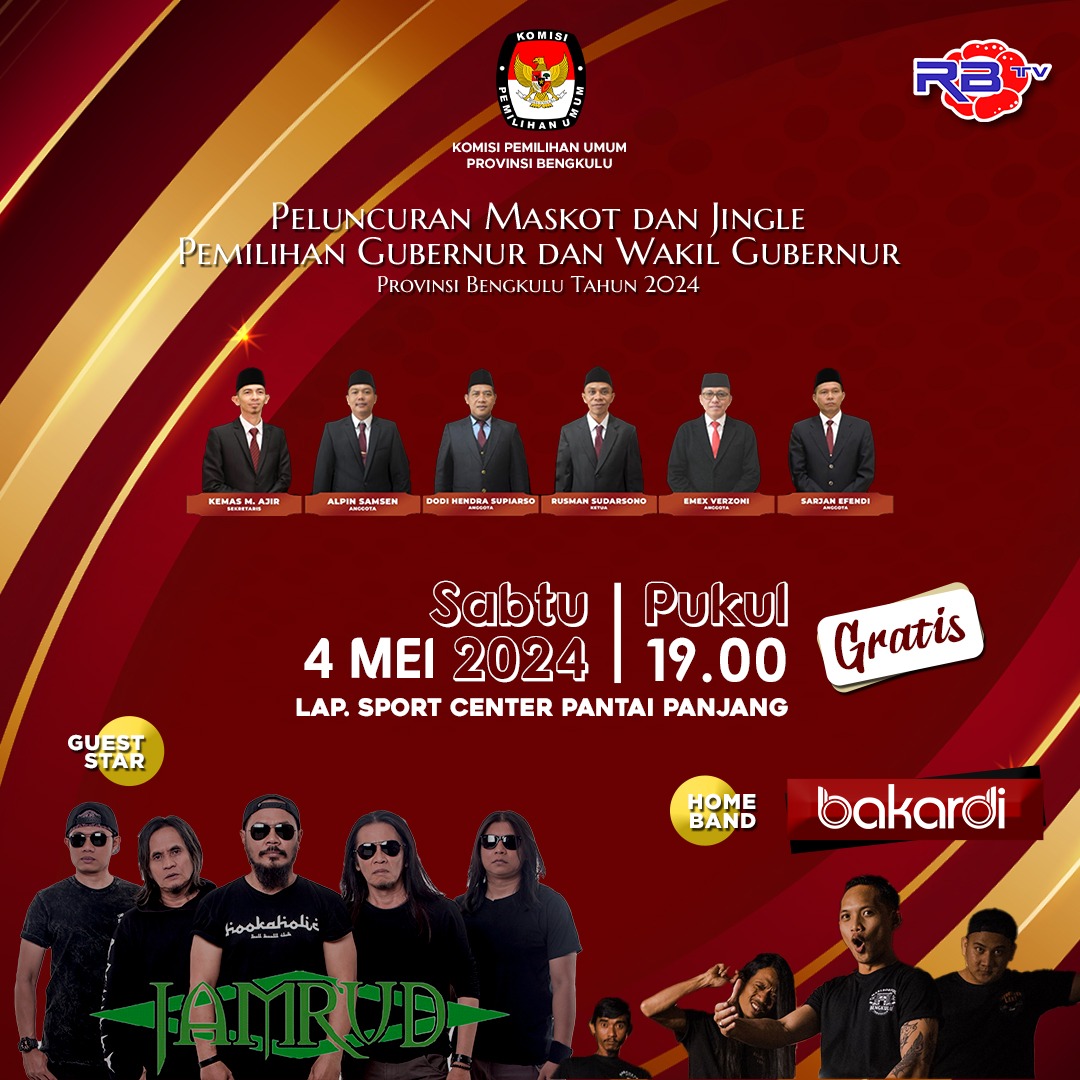 Band Jamrud Bakal Meriahkan Peluncuran Maskot dan Jingle Pilkada Bengkulu 2024 di Sport Center Pantai Panjang