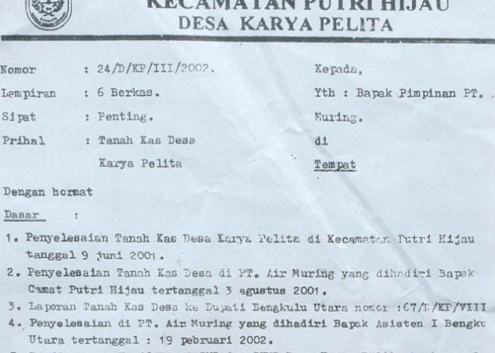 Konflik Kas Desa Karya Pelita vs PT Air Muring Sudah Tuntas Sejak Tahun 2002, Kredibilitas BPN Dipertanyakan