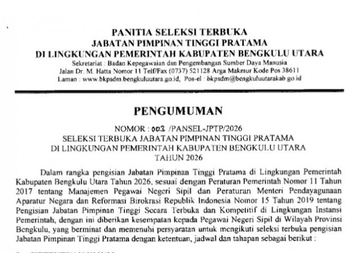 7 Kursi Kepala Dinas Pemkab Bengkulu Utara Dilelang