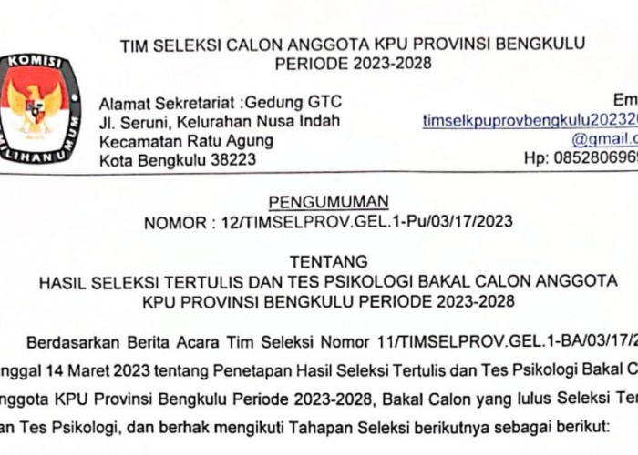 Ini Daftar Nama 20 Besar Calon Komisioner KPU Kabupaten Bengkulu Utara