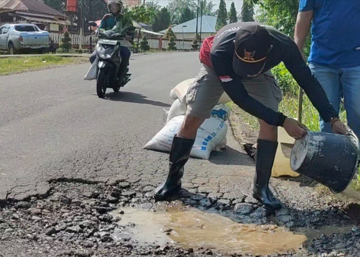 Minimalisir Kecelakaan, Polsek Padang Jaya Tambal Jalan Berlubang