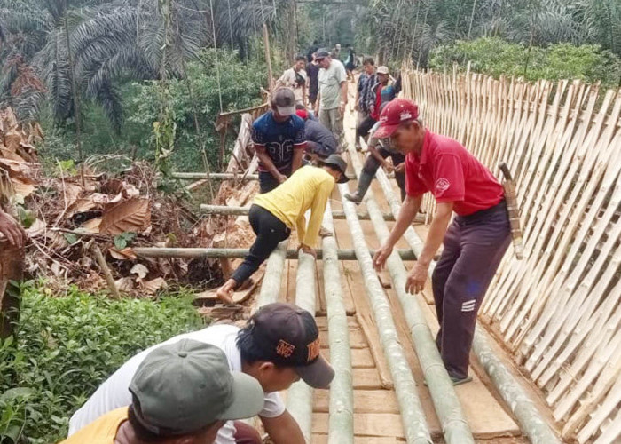 Warga Sebayur dan Rena Jaya Swadaya Tambal Lantai Jembatan dengan Bambu