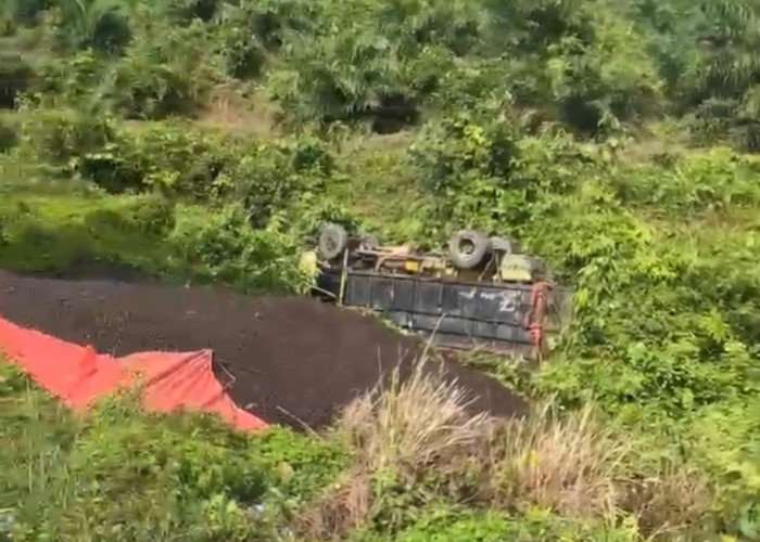 Truk Muatan Inti Kelapa Sawit Terguling di Tanjakan Mumbang, Sopir Selamat